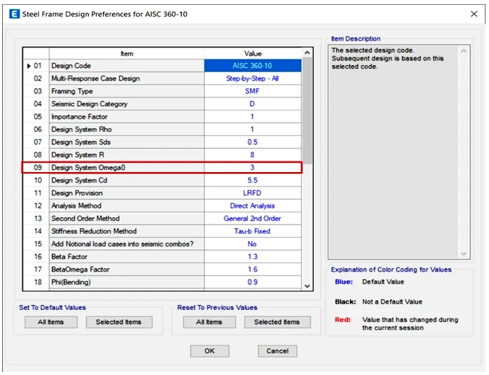 کنترل زلزله تشدید یافته و محاسبه ضریب اضافه مقاومت در ایتبس 7 Setting the additional resistance coefficient of steel structure in ETABS software