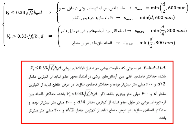 حداقل و حداکثر آرماتور المان های بتنی همراه با ضوابط فاصله آرماتورها(آپدیت 1405) 37 حداکثر فاصله بین آرماتورهای برشی تیر