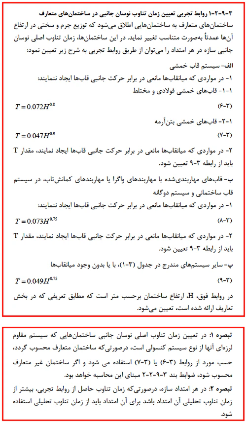 روابط تجربی تعیین زمان تناوب نوسان جانبی